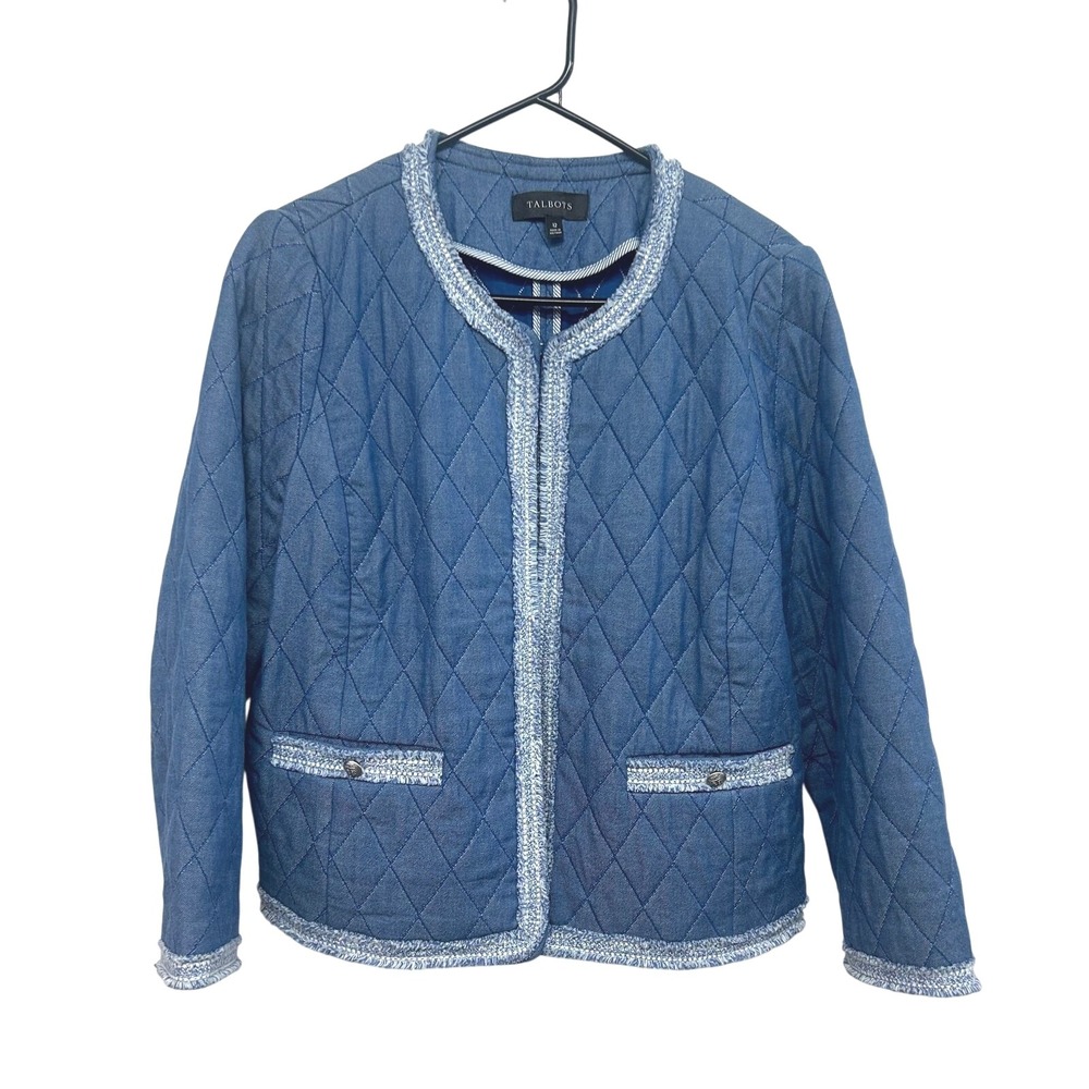 Talbots Blue Quilted Denim Jacket 12 Tweed Trim Quiet Luxury Preppy Classic‎